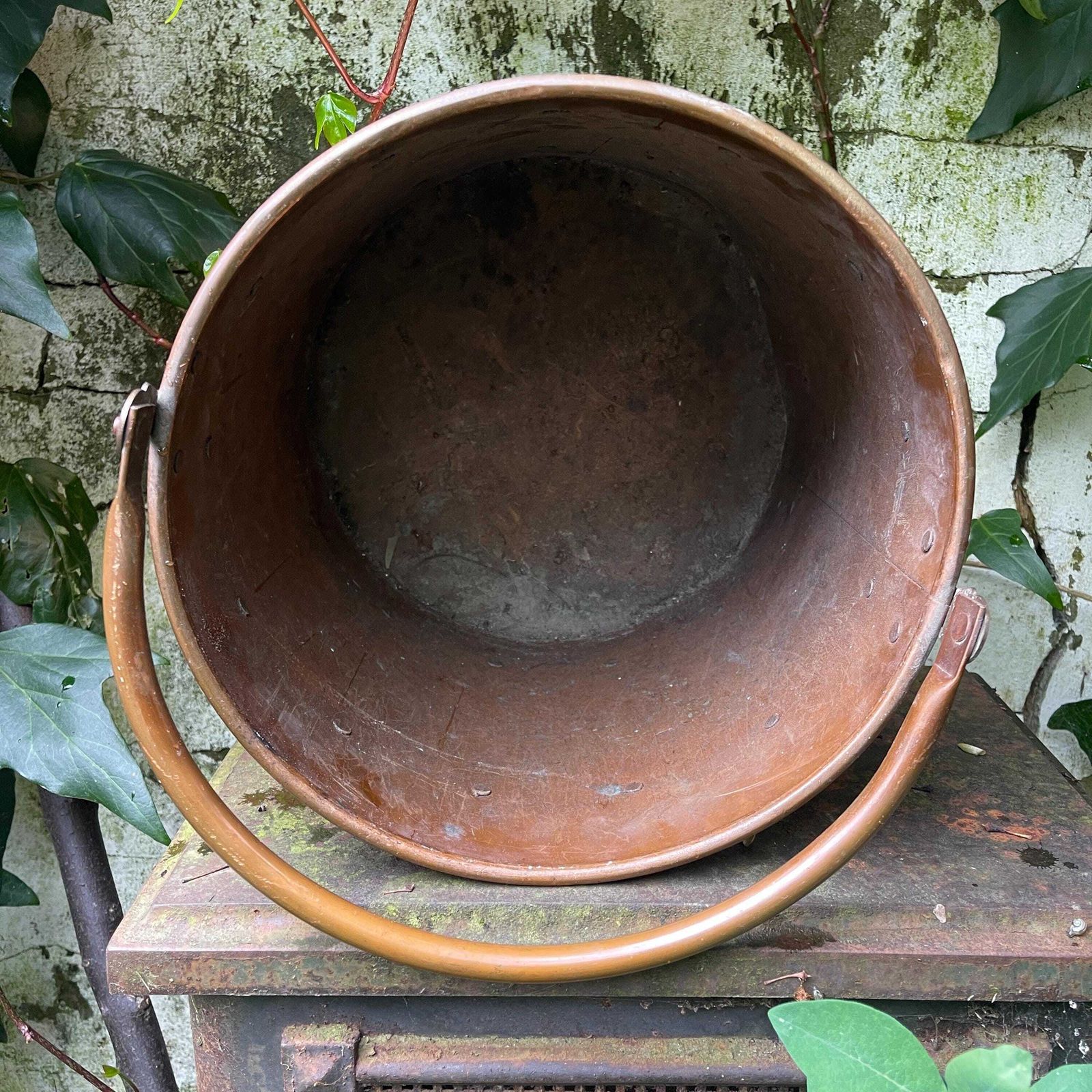 Vintage Copper And Brass Bound Coal Bucket   Fireplace Accessories   Plant Pot   Rustic Home Decor   Shabby Chic photo vinterior