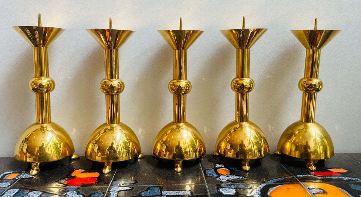 Set Of 5 1950s German Brutalist Gold Chromed Metal Church Candleholders photo furniture