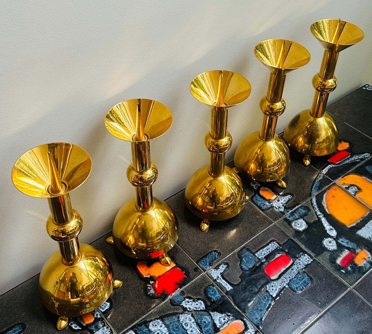 photo furniture Set Of 5 1950s German Brutalist Gold Chromed Metal Church Candleholders