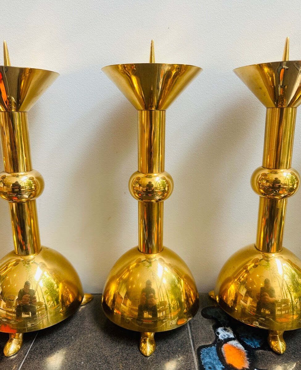 Home Decor Set Of 5 1950s German Brutalist Gold Chromed Metal Church Candleholders photo