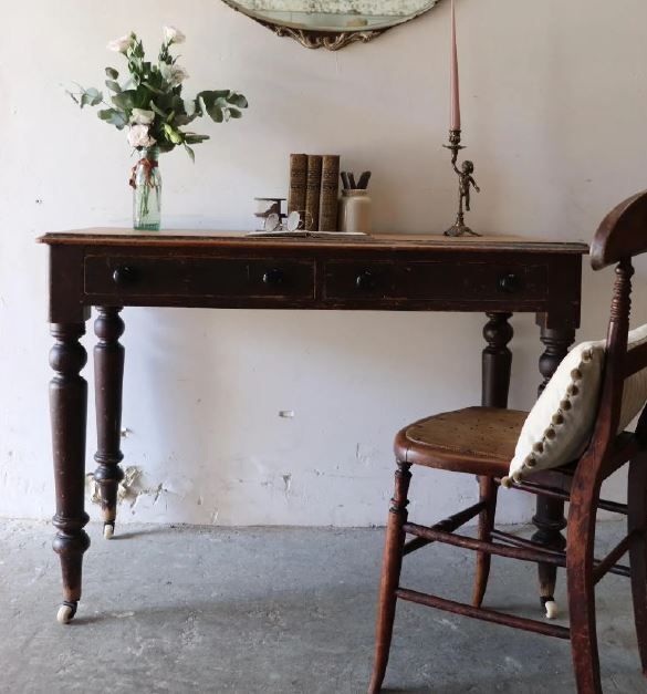 Striking Vintage Pine Writing Desk On Ceramic Castors With Original Paintwork photo furniture