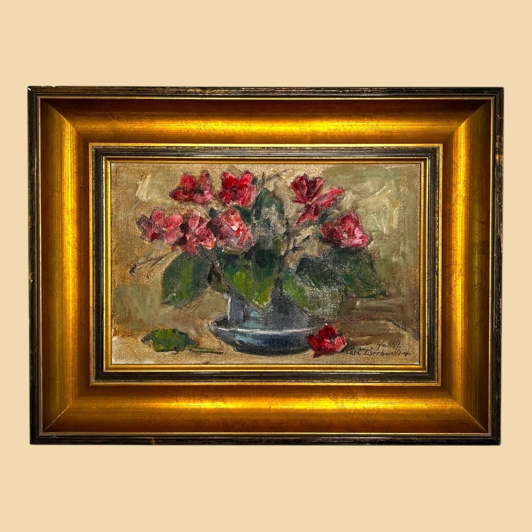 Cup With Flowers, Original Still Life Oil On Canvas Painting