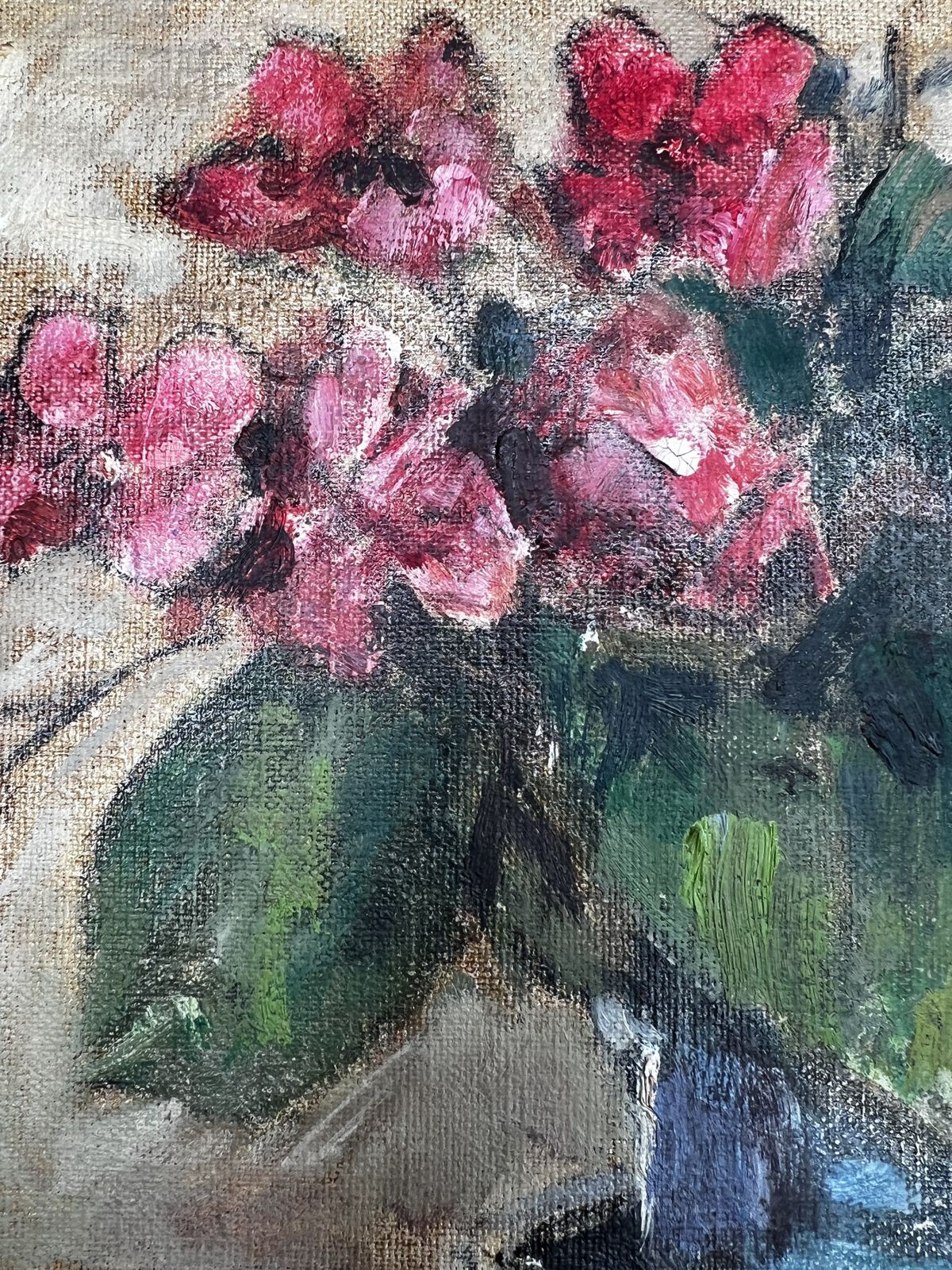 Cup With Flowers, Original Still Life Oil On Canvas Painting photo vintage