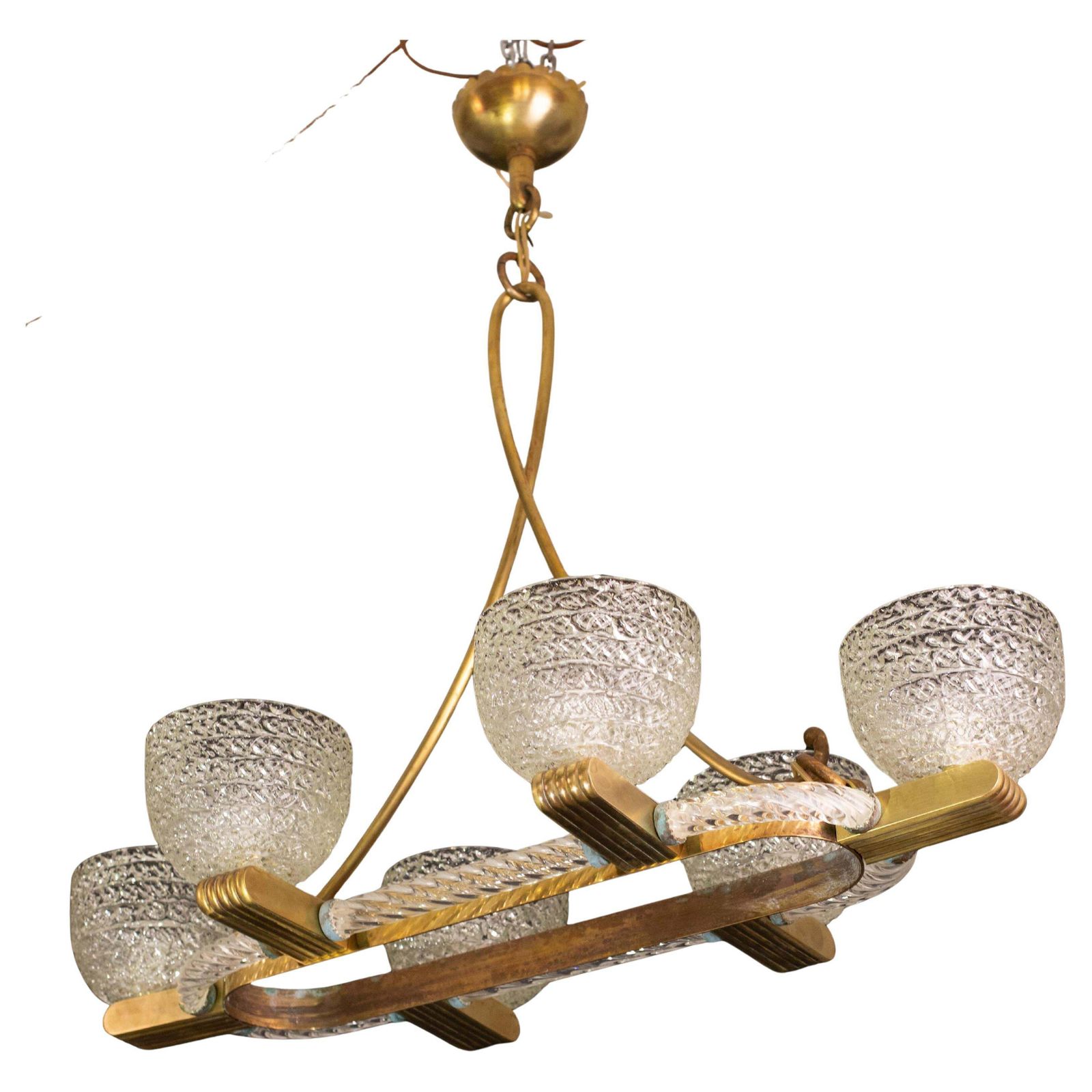 Art Decò Seguso Oval Mid Century Six  Light Murano Glass And Brass Chandelier