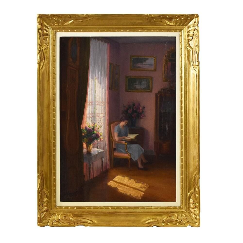 Antique Painting, Henri Charles Angéniol, Young Woman Reading, 20th Century.