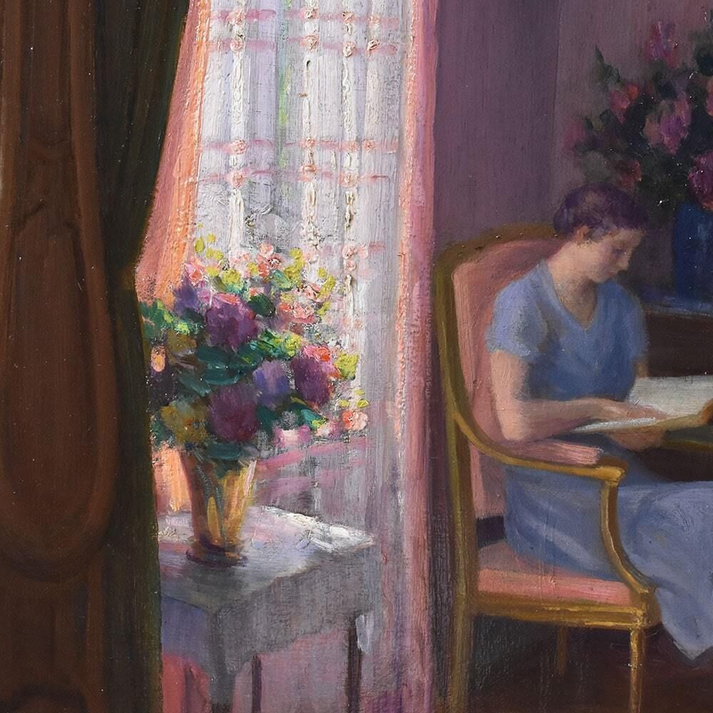 Antique Painting, Henri Charles Angéniol, Young Woman Reading, 20th Century. photo 2300.0