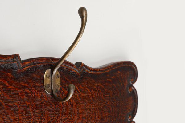 Art Nouveau Style Coat Rack In Oak With Brass Hooks, 1915 photo vintage
