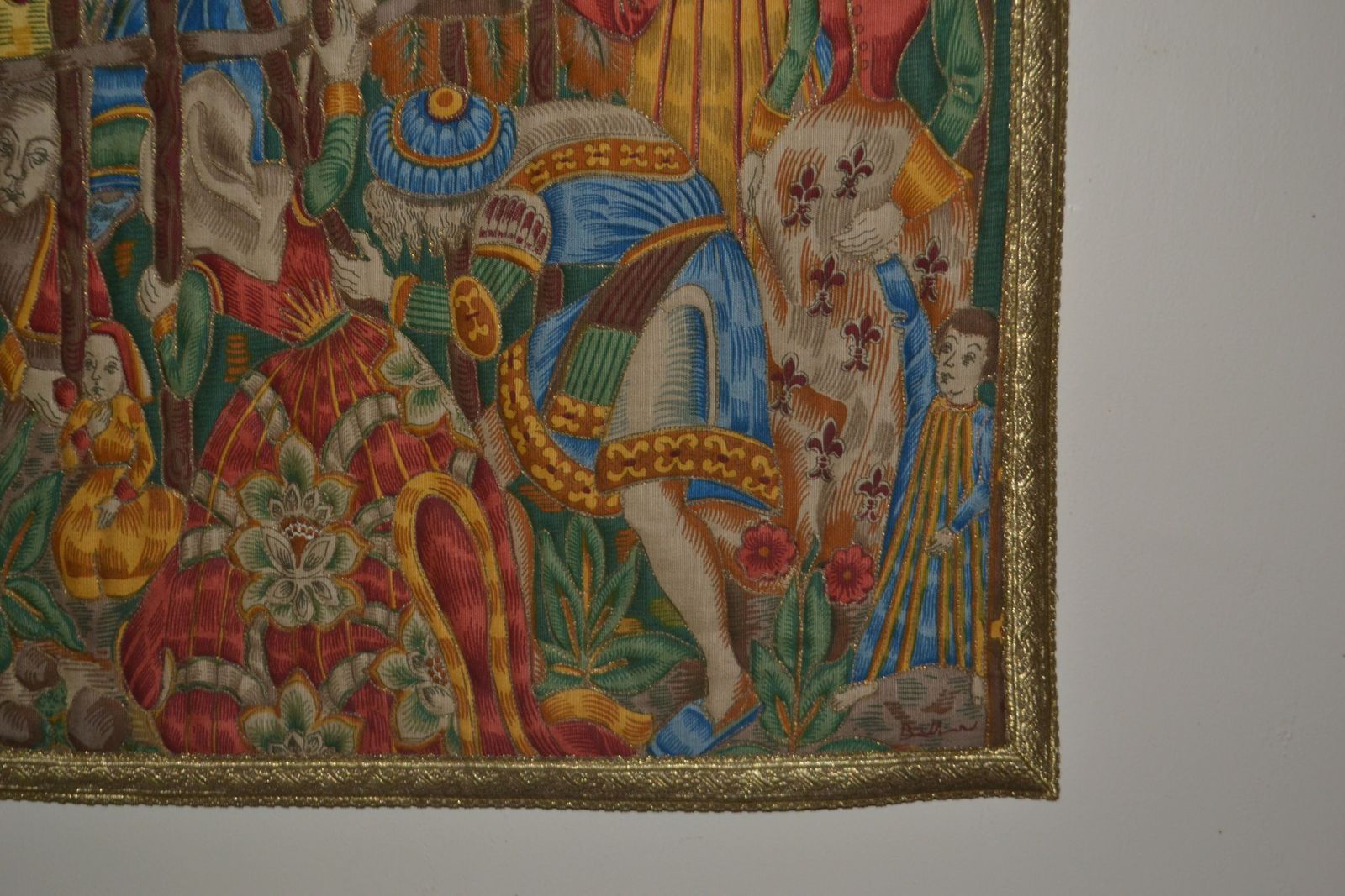 Rare Find. Gold And Red Embossed Cotton Linen Late 1960's Vintage French Medieval Tapestry   133.35cm X 144.78cm