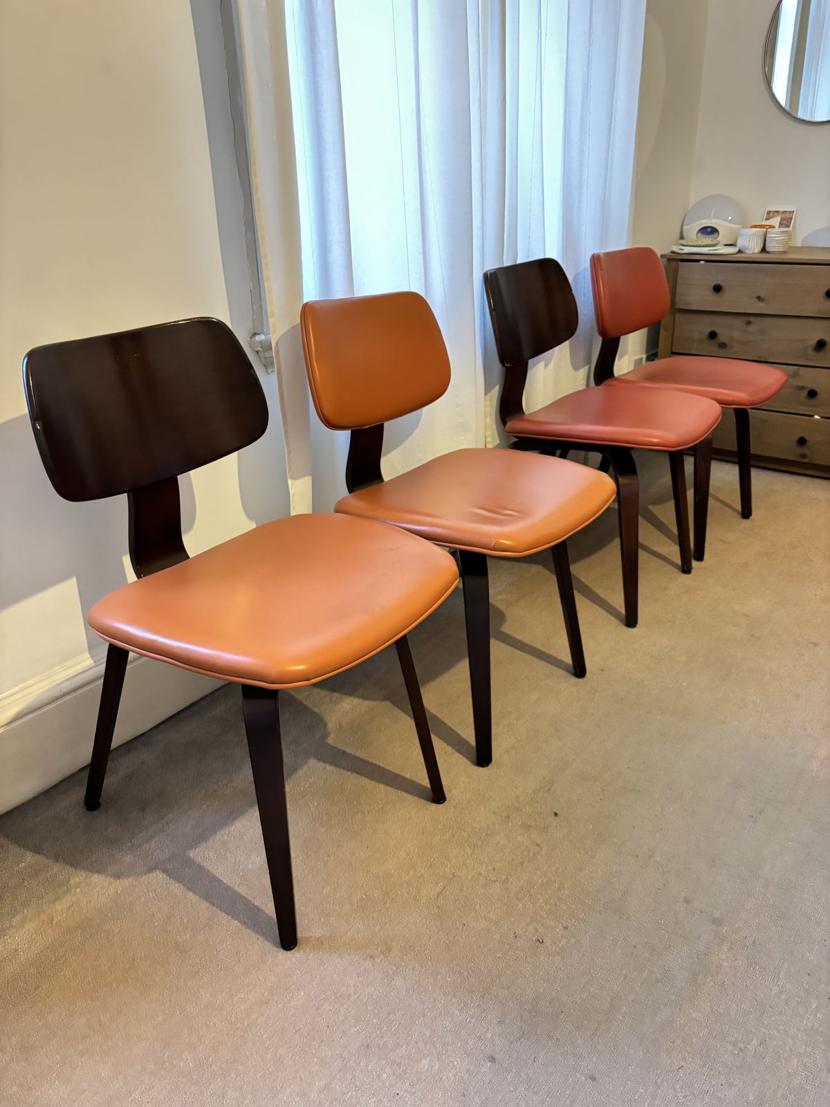 2 X Pairs Of Vintage Mid Century Bentwood Ply Chairs, Designed By Bruno Weil For Thonet, USA In The 1950’s In Orange & Red Leather