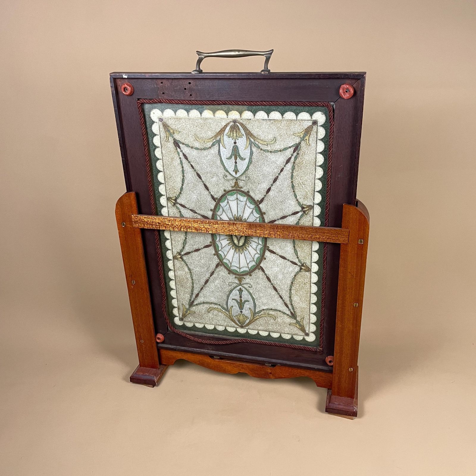 Vintage Fire Screen Fireguard Small Beading Pattern Detailed Beads Wood Sliding Removable Tray Wood Frame Freestanding photo buy