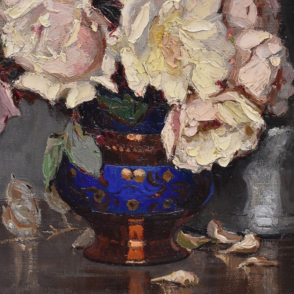 Antique Flower Painting, Maurice Alfred Decamps, Flower Painting, White Roses, 20th Century, Art Deco. (Qf664) photo vinterior