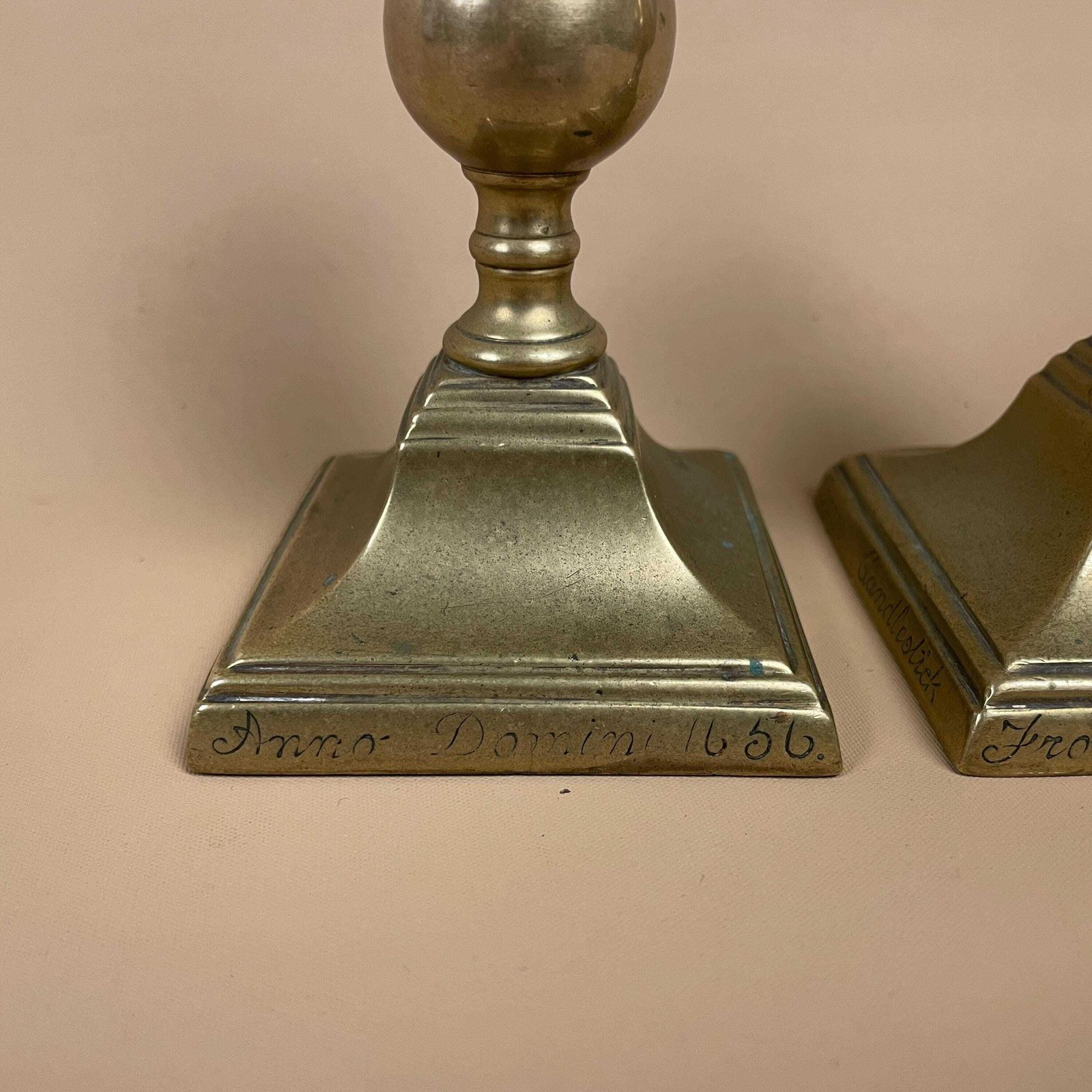 Antique Matching Pair Of Gold Brass Metal Candlestick Candle Stick Vintage Column Taper Dinner Candlesticks Square Base Classic Pillar photo for sale