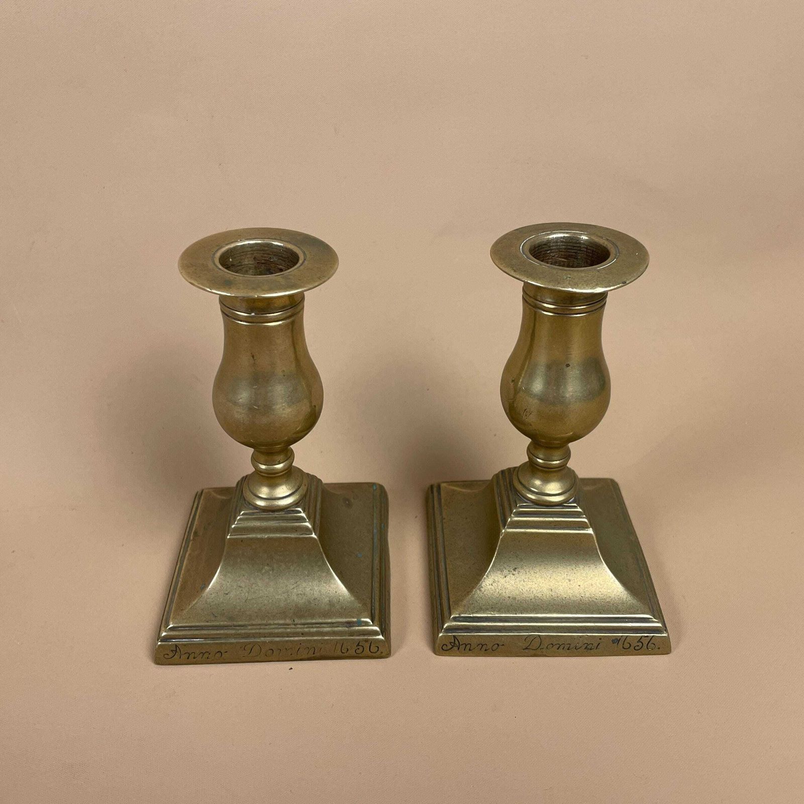 Antique Matching Pair Of Gold Brass Metal Candlestick Candle Stick Vintage Column Taper Dinner Candlesticks Square Base Classic Pillar photo Home Decor