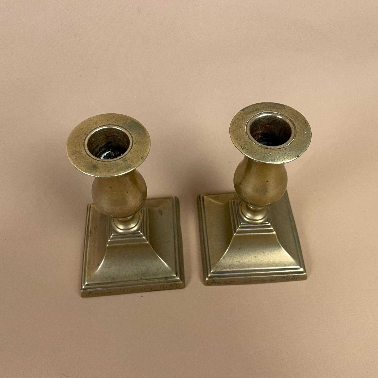 Antique Matching Pair Of Gold Brass Metal Candlestick Candle Stick Vintage Column Taper Dinner Candlesticks Square Base Classic Pillar photo 51.0