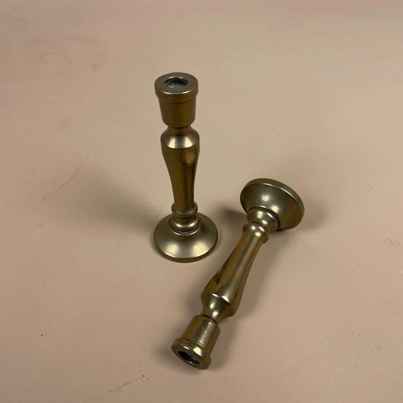 Antique Matching Pair Of Small Gold Brass Metal Candlestick Candle Stick Vintage Column Taper Dinner Candlesticks Round Base Column Pillar photo 51.0