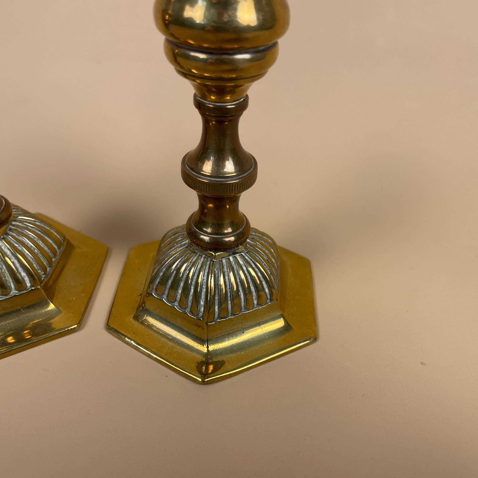 Antique Matching Pair Of Gold Brass Metal Candlestick Candle Stick Vintage Column Taper Dinner Candlesticks Hexagon Base Classic Pillar photo 69.0