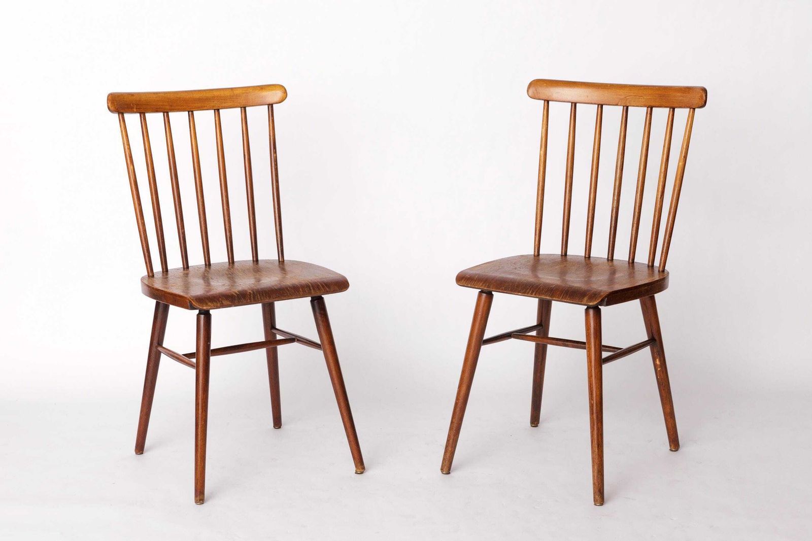 Pair Of Vintage Spindle Back Chairs – 1970s Beech Wood, Restored Rustic Seating