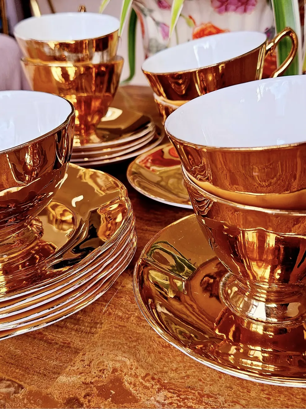 Rare 1950's Tea Set In 22 Kt Gold By Leonard St Pottery, Burslem, Staffordshire photo vintage