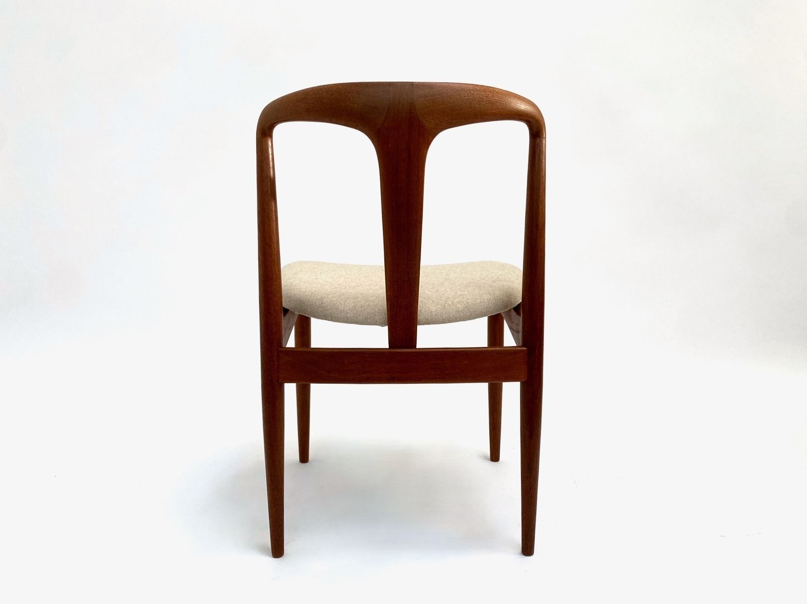 photo for sale Danish Johannes Andersen Set Of 6 Model 'Juliane' Teak And Cream Wool Dining Chairs For Vamo Sønderborg Mid Century 1960s