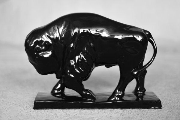 Large Mid Century Scandinavian Modern Black Porcelain Bison Figurine, 1960s