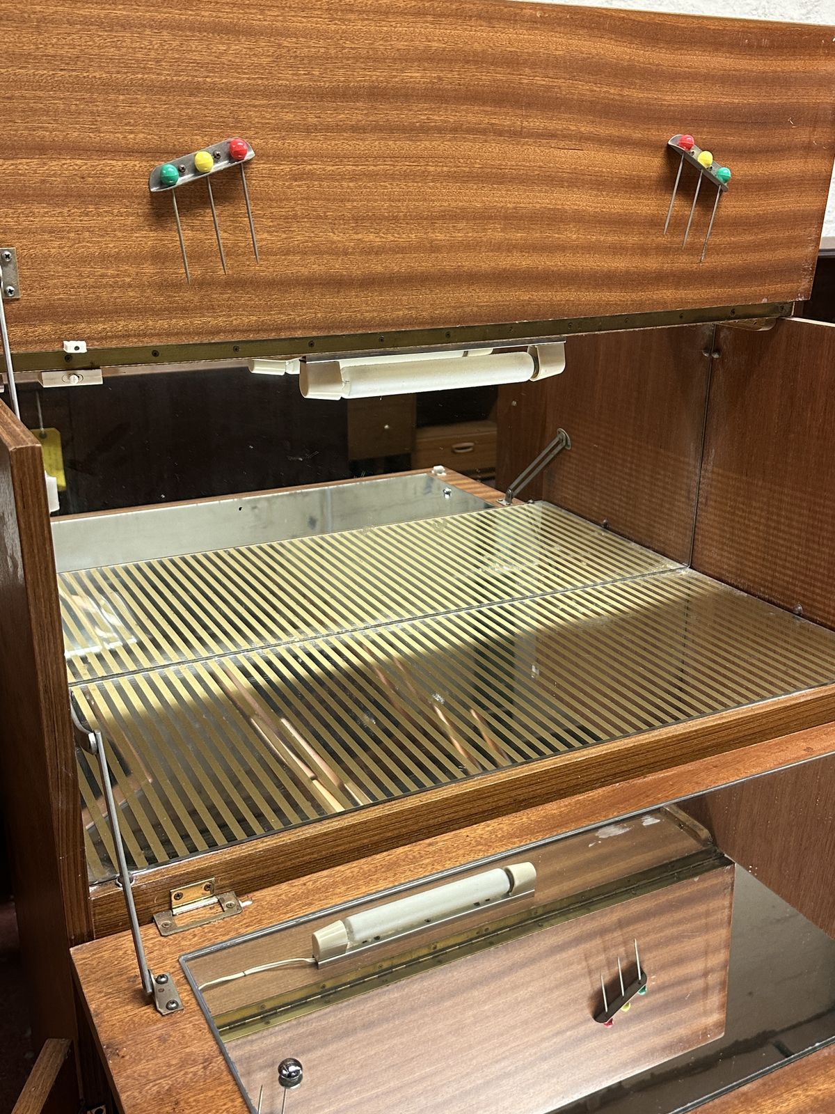 Mid Century Teak Glazed Cocktail Bar Cabinet. Vintage photo Furniture