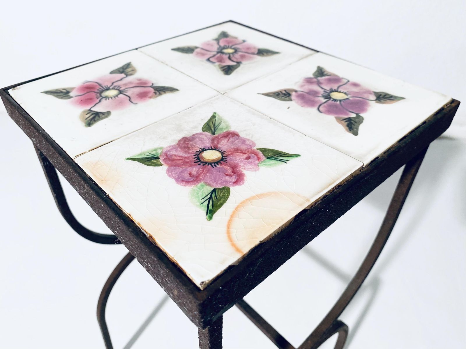 Vintage Ceramic Tiles Rose Flower Motif Table Stand / 1950s Balcony Furniture France photo buy
