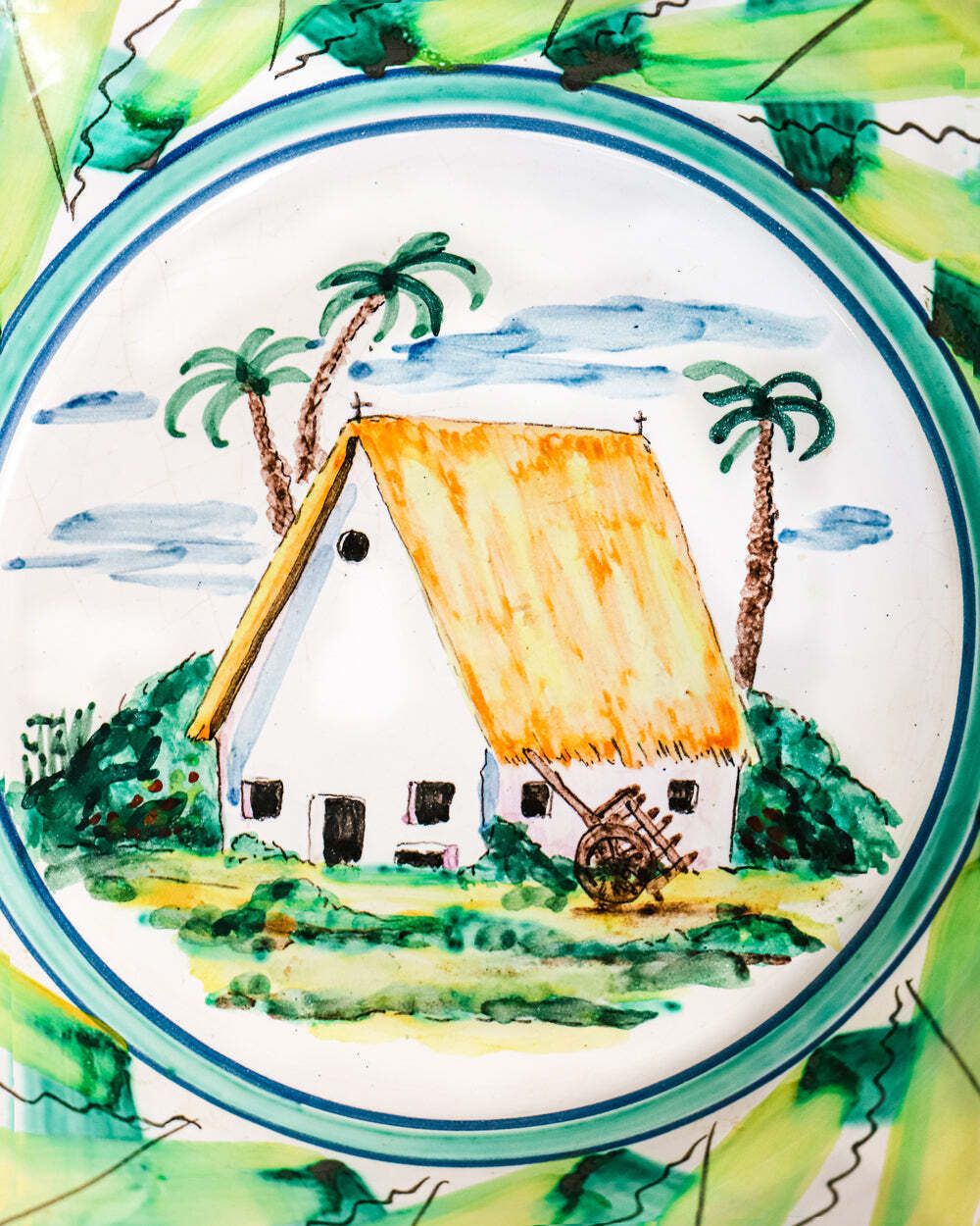 Large Vintage Hand Painted Italian Ceramic Bowl With A House And Palm Trees photo furniture