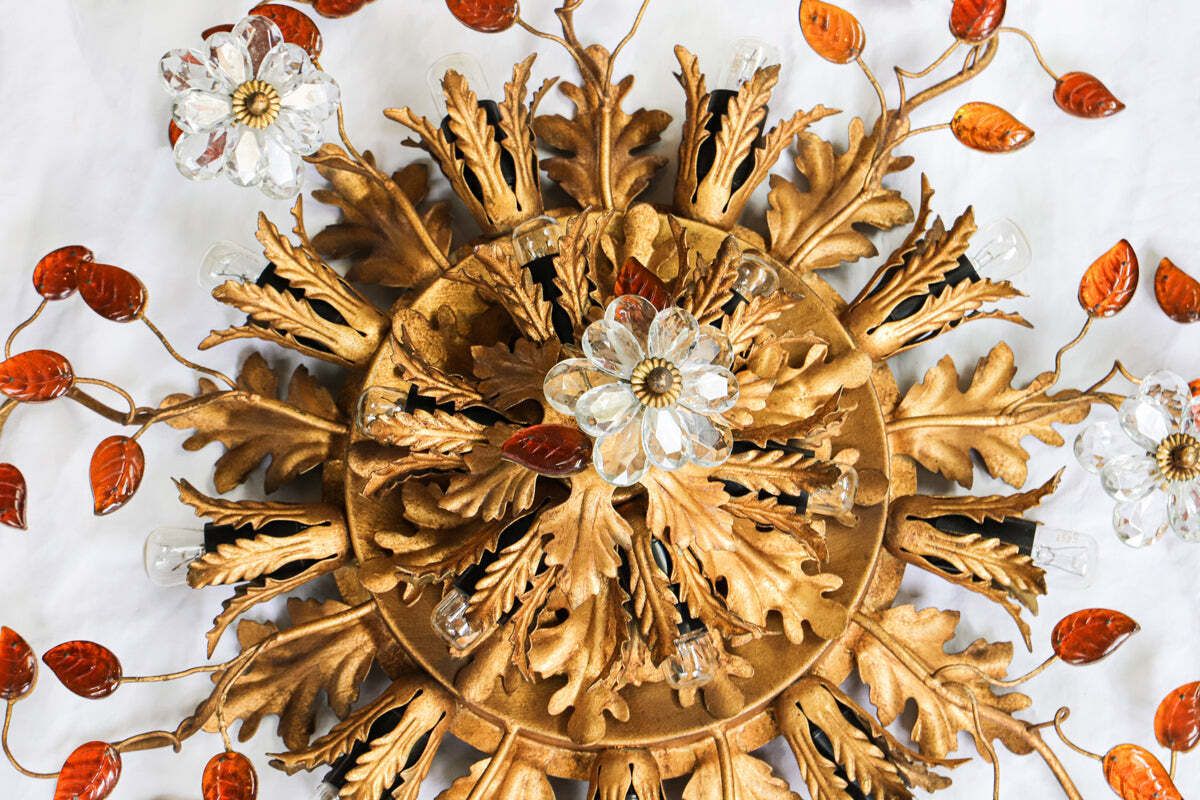 Flush Mount Maison Baguès Kristal & Verguld Ijzer Plafondlamp 15 Lichten photo for sale
