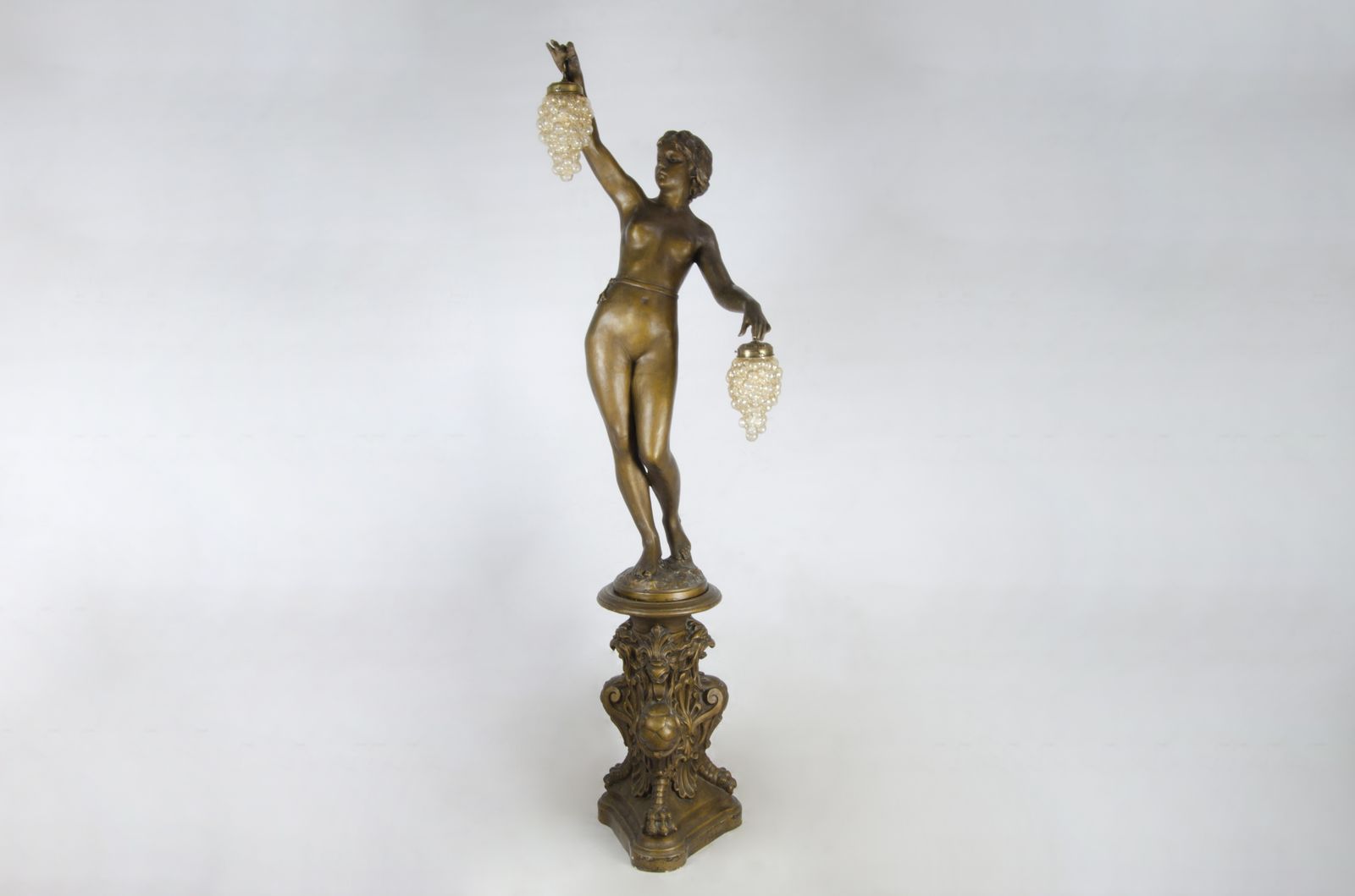 Mid 20th Century Art Nouveau Style Painted Ceramic Sculptural Floor Lamp Of Maenad Holding Grapes Signed By P. Oltolini, Argentina