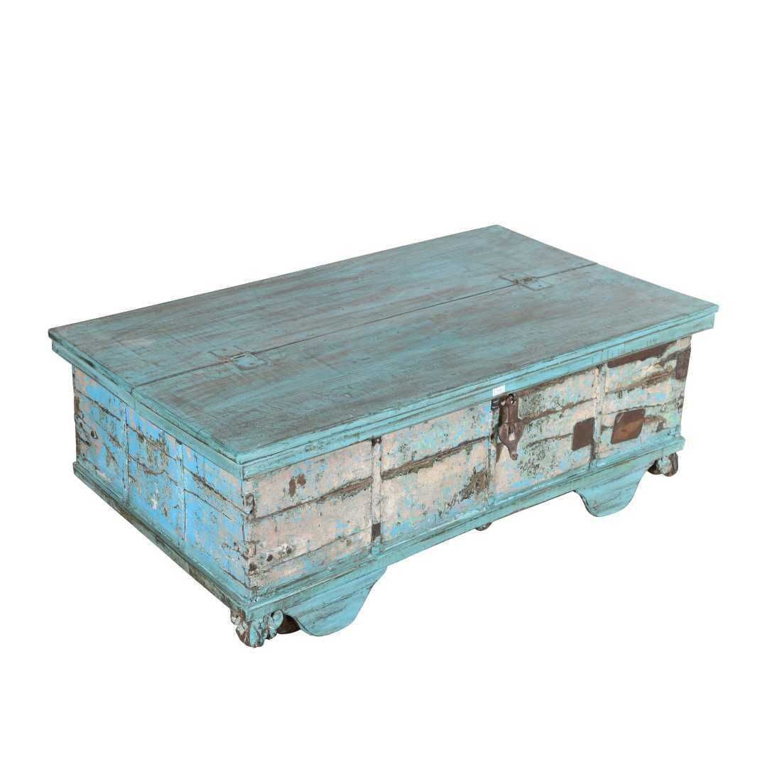 Antique Blue Patina Surti Coffee Table Chest – 19thc Teak Storage Trunk With Wheels