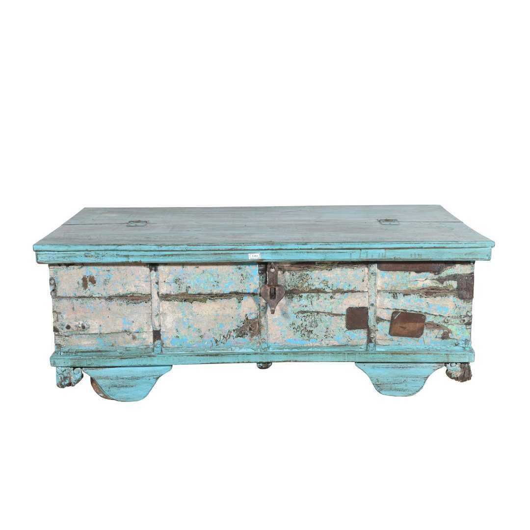 Antique Blue Patina Surti Coffee Table Chest – 19thc Teak Storage Trunk With Wheels photo 449.0