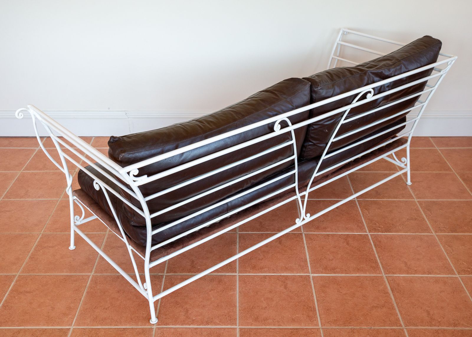 French Wrought Iron Sofa Leather Cushions 1950s Mid Century Settee Garden Conservatory Sof.A Vintage Garden Room Sof.A Patio photo vinterior