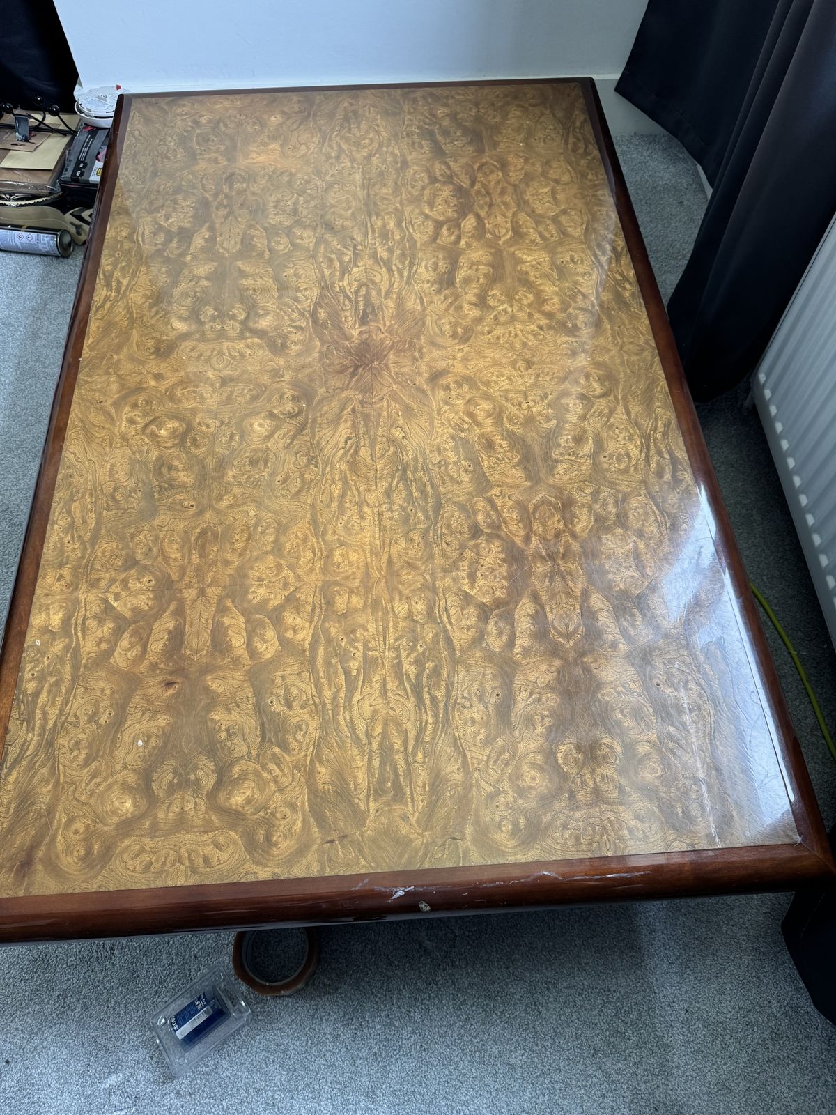Jean Claude Mahey Wooden Coffee Table With Ruby Brown Patina, 1970s photo for sale