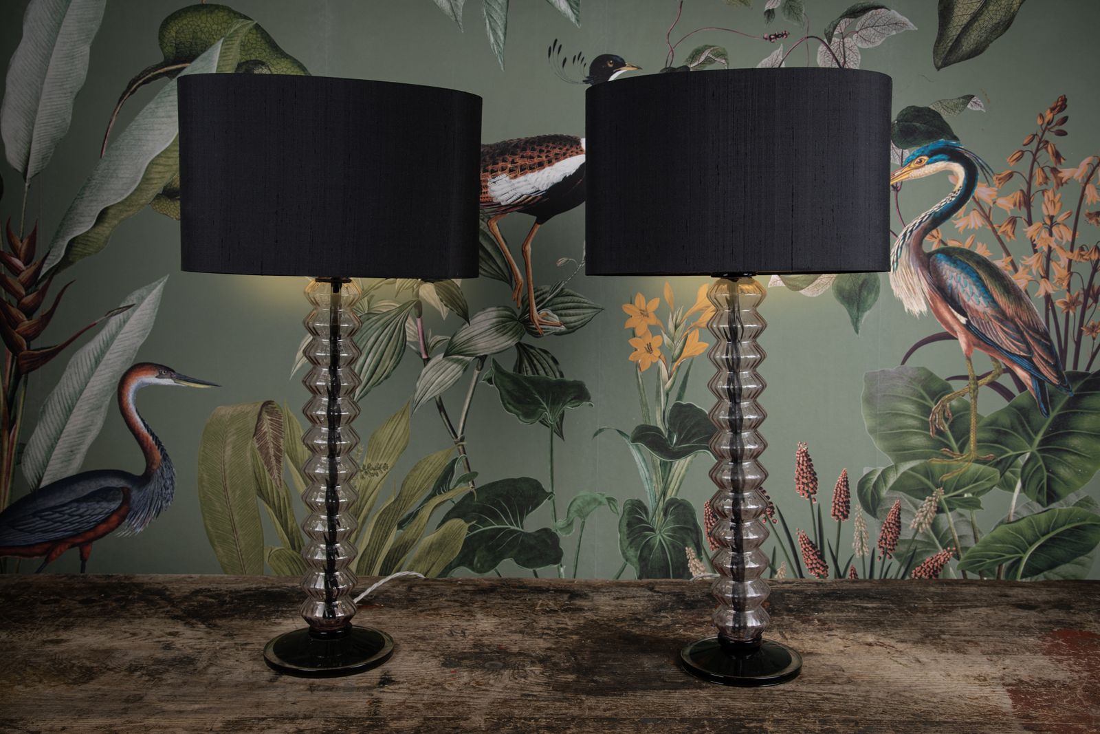 A Striking Pair Of Murano Glass Table Lamps With Black Silk Shades
