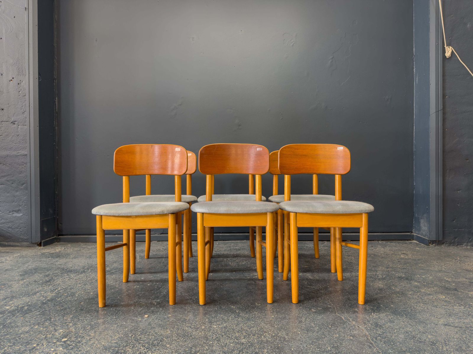 Set Of 6 Teak And Blue Upholstered Dining Chairs