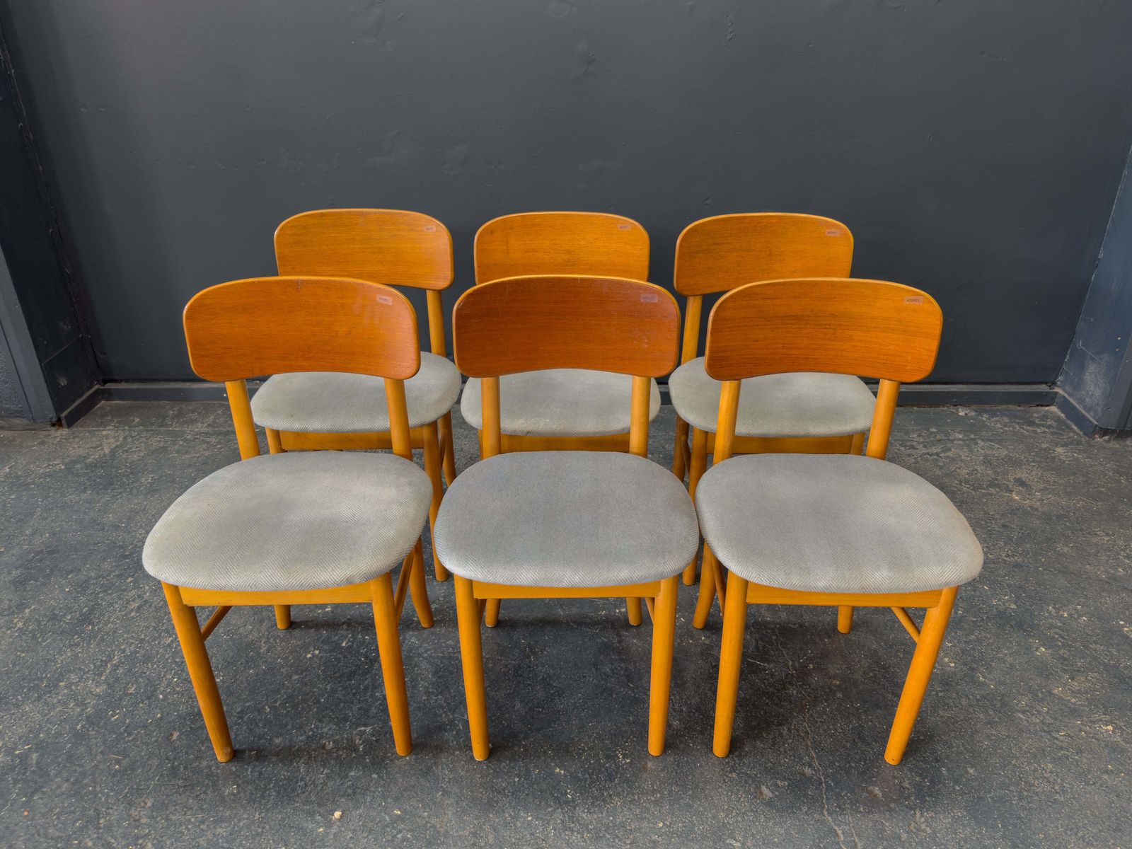 Set Of 6 Teak And Blue Upholstered Dining Chairs photo vinterior