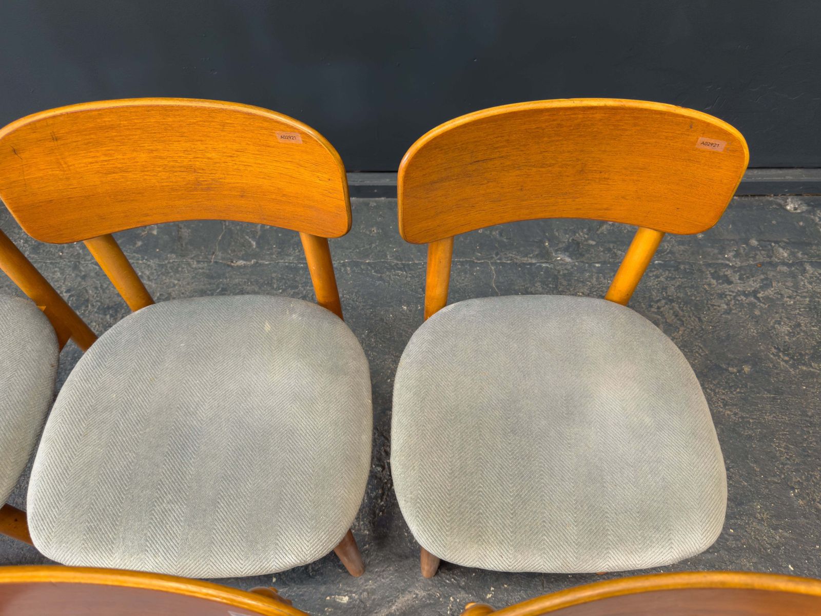 photo for sale Set Of 6 Teak And Blue Upholstered Dining Chairs