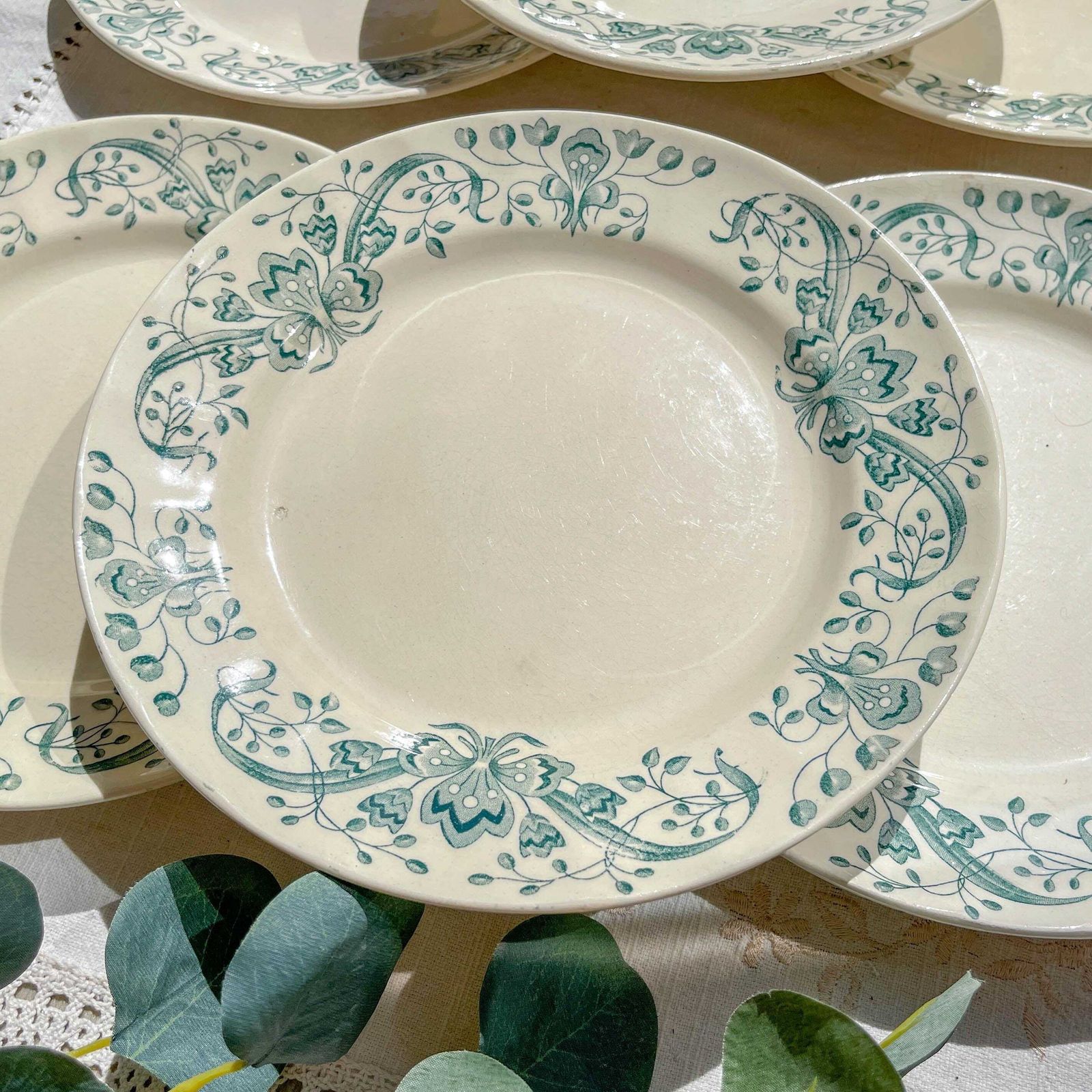 Set Of 6 Antique Flat Plates Terre De Fer "Figuig"   Longchamp 19th Century   Vintage French Tableware photo Home Decor