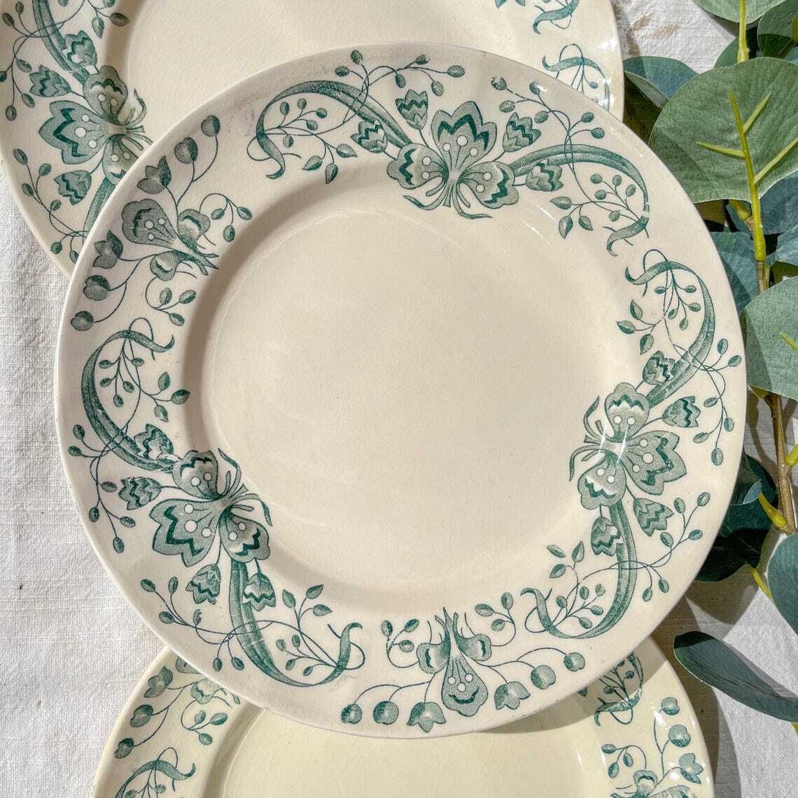 Set Of 6 Antique Soup Plates Terre De Fer Figuig  Longchamp 19th Century   Vintage French Tableware photo buy