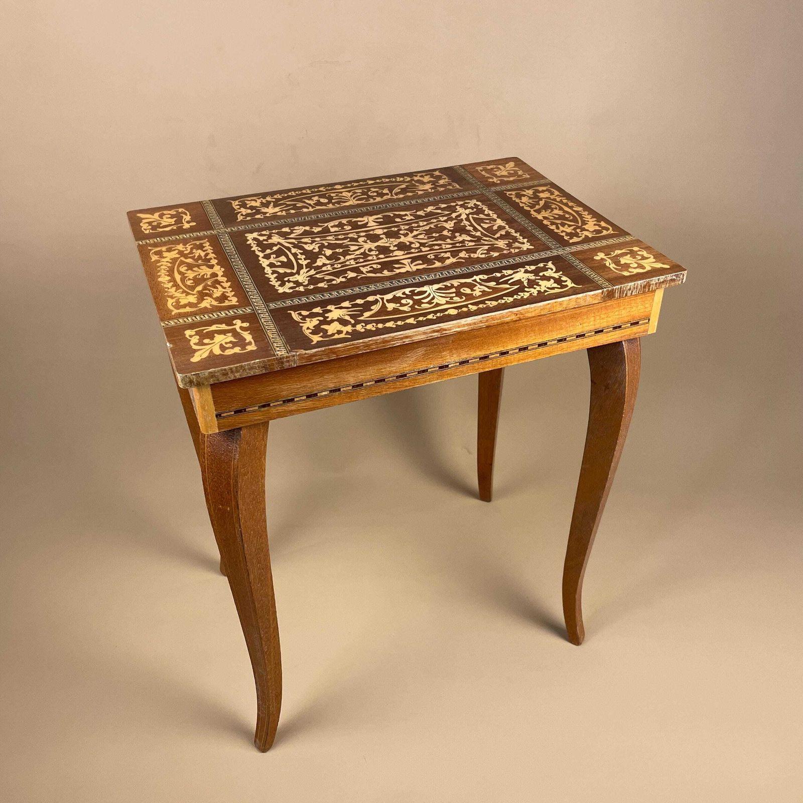 Antique Wooden Table Vintage Wood Side Musical Swiss Marquetry Patterned Reuge Side Coffee Console Hallway Plant Stand Rectangle Varnished photo vintage