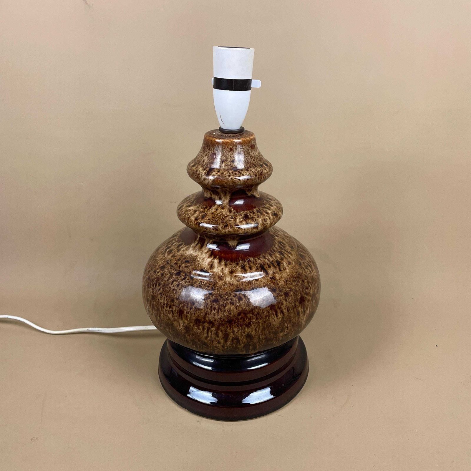 Vintage Ceramic Table Lamp Light Brown Mottled Speckled Round Retro Glaze Finish C.1970's photo furniture