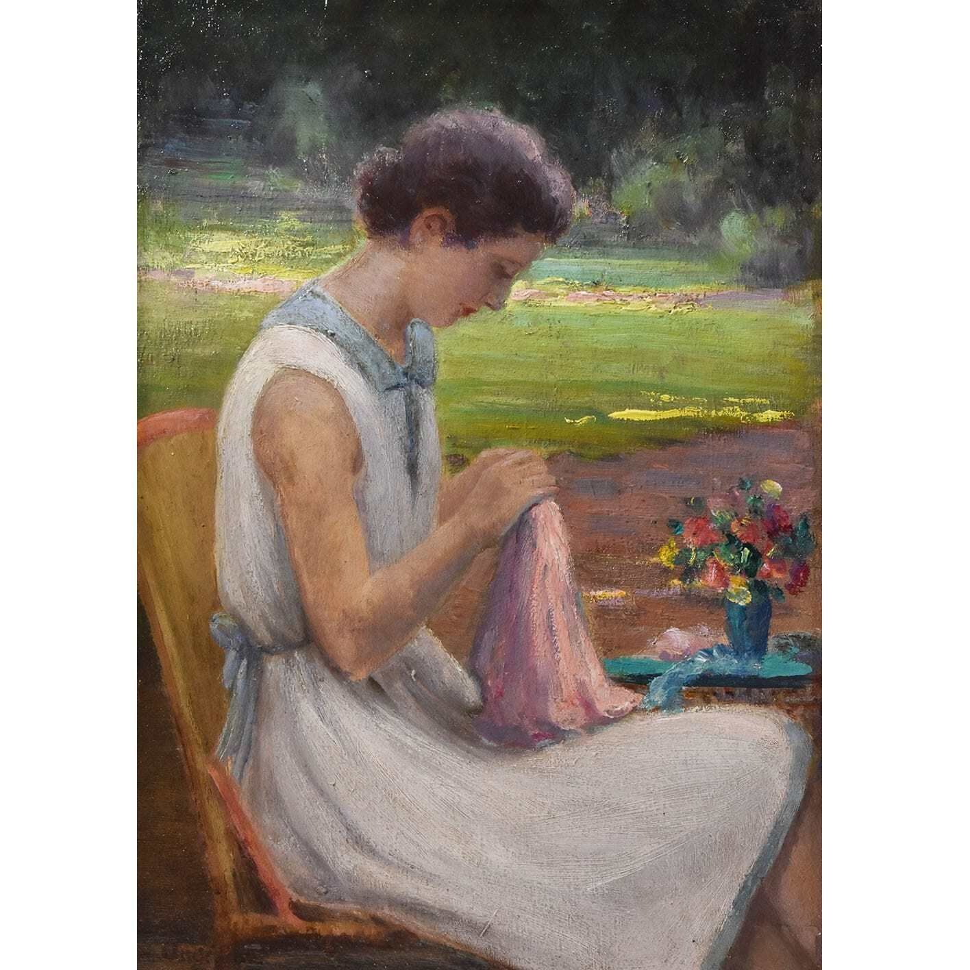 Antique Woman Portrait Painting, Young Woman Sewing In The Garden, Oil On Wood, XX Century. (Qr577) photo furniture