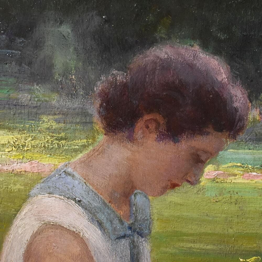 Antique Woman Portrait Painting, Young Woman Sewing In The Garden, Oil On Wood, XX Century. (Qr577) photo 1100.0