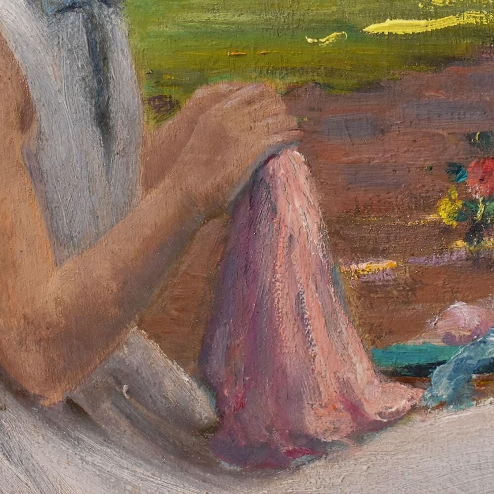 Antique Woman Portrait Painting, Young Woman Sewing In The Garden, Oil On Wood, XX Century. (Qr577) photo vinterior