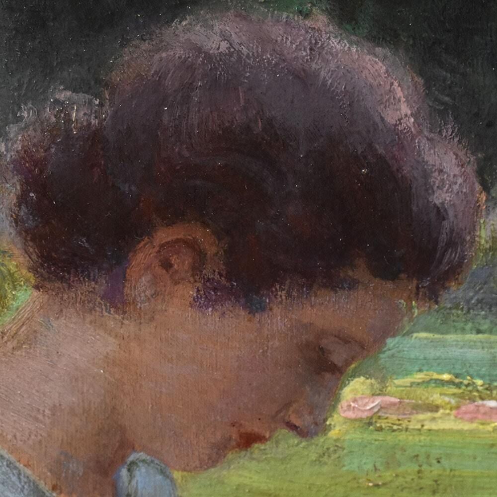 Antique Woman Portrait Painting, Young Woman Sewing In The Garden, Oil On Wood, XX Century. (Qr577) photo buy