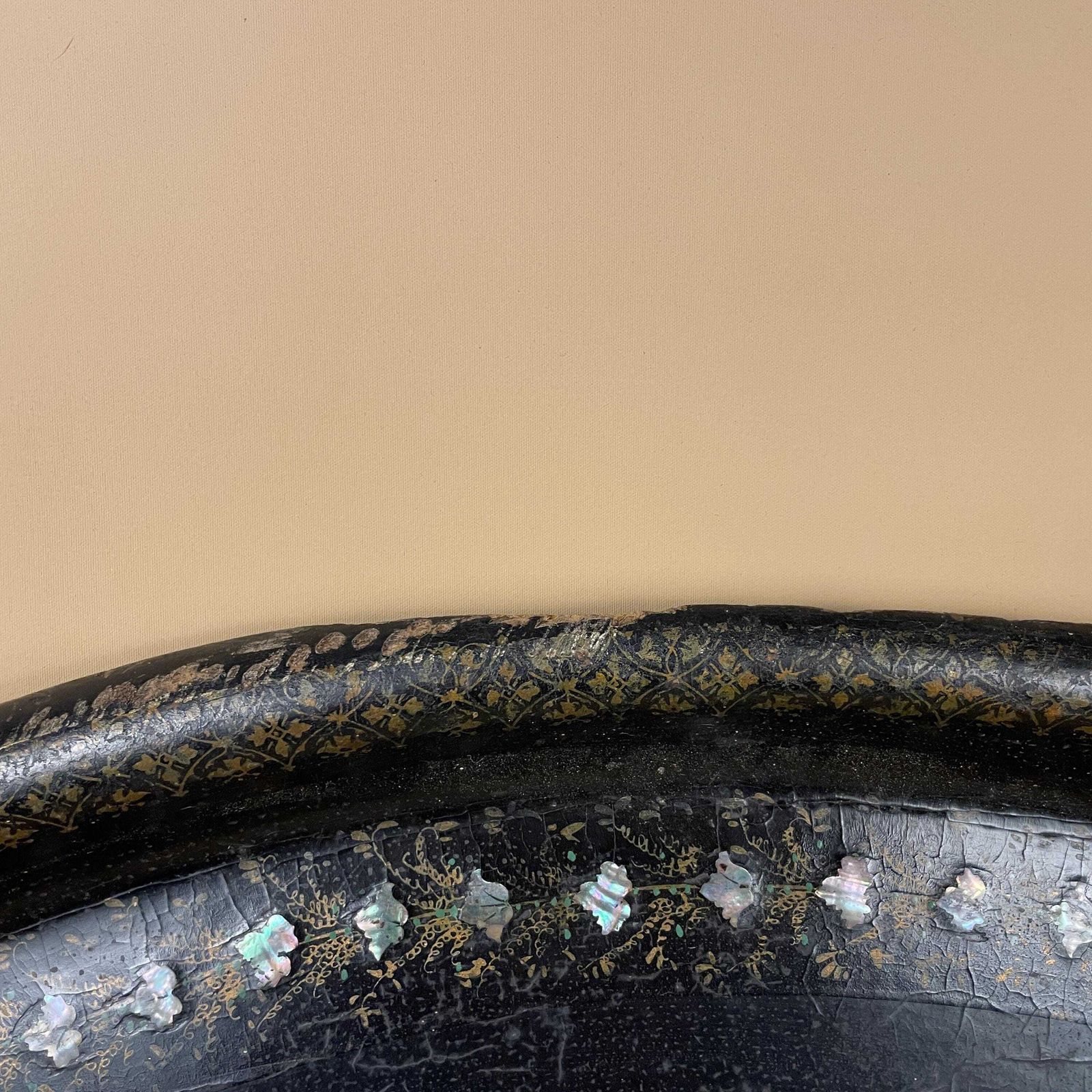 Antique Oval Wooden Display Tray Painted Black With Pearl Inlay Floral Pattern Wall Hanging Vintage Rustic photo 55.0
