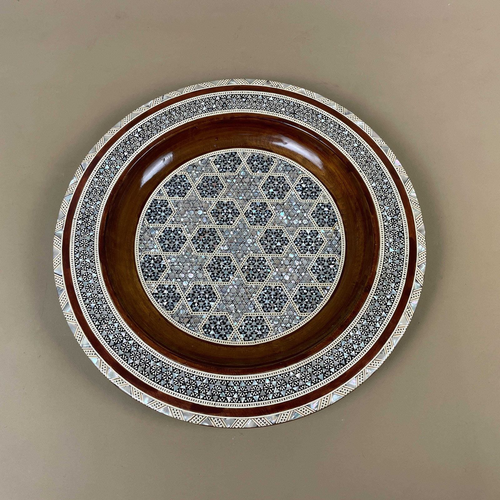 Vintage Middle Eastern Bowl Tray Pearl Inlay Pattern Wooden Round Display Plate Decorative Plate Art Wall Hanging