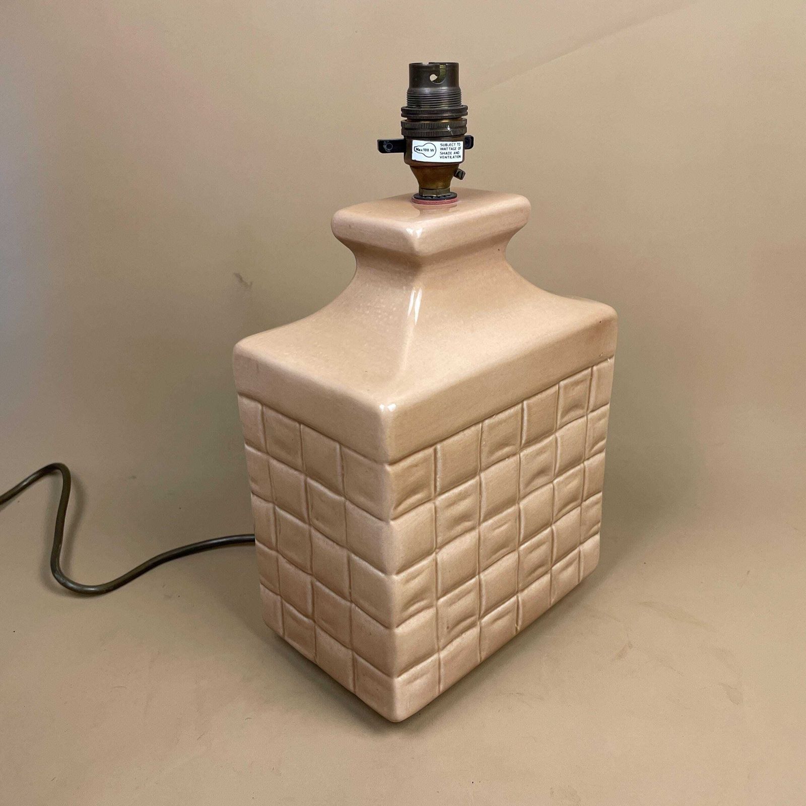 Vintage Ceramic Lamp Table Light Pale Sandy Biscuit Orange Pink Pottery Lamp Retro Style Square Edged photo for sale