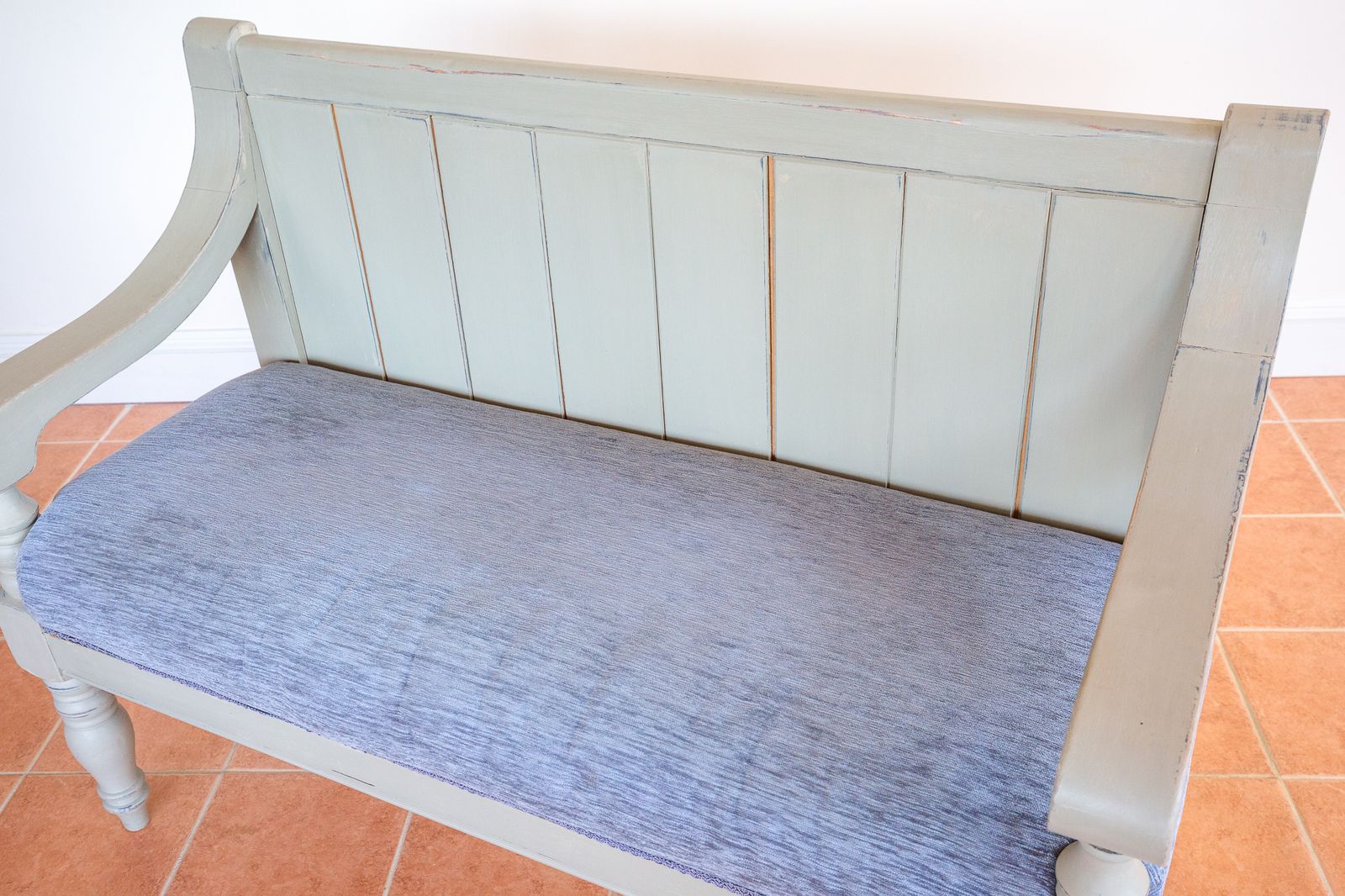 2550.0 Painted Chapel Bench English Antique Upholstered Oak Late Victoria.N Grey Blue Large Church Settle Pew Upholstered Shabb.Y Chi.C Chalk Paint photo