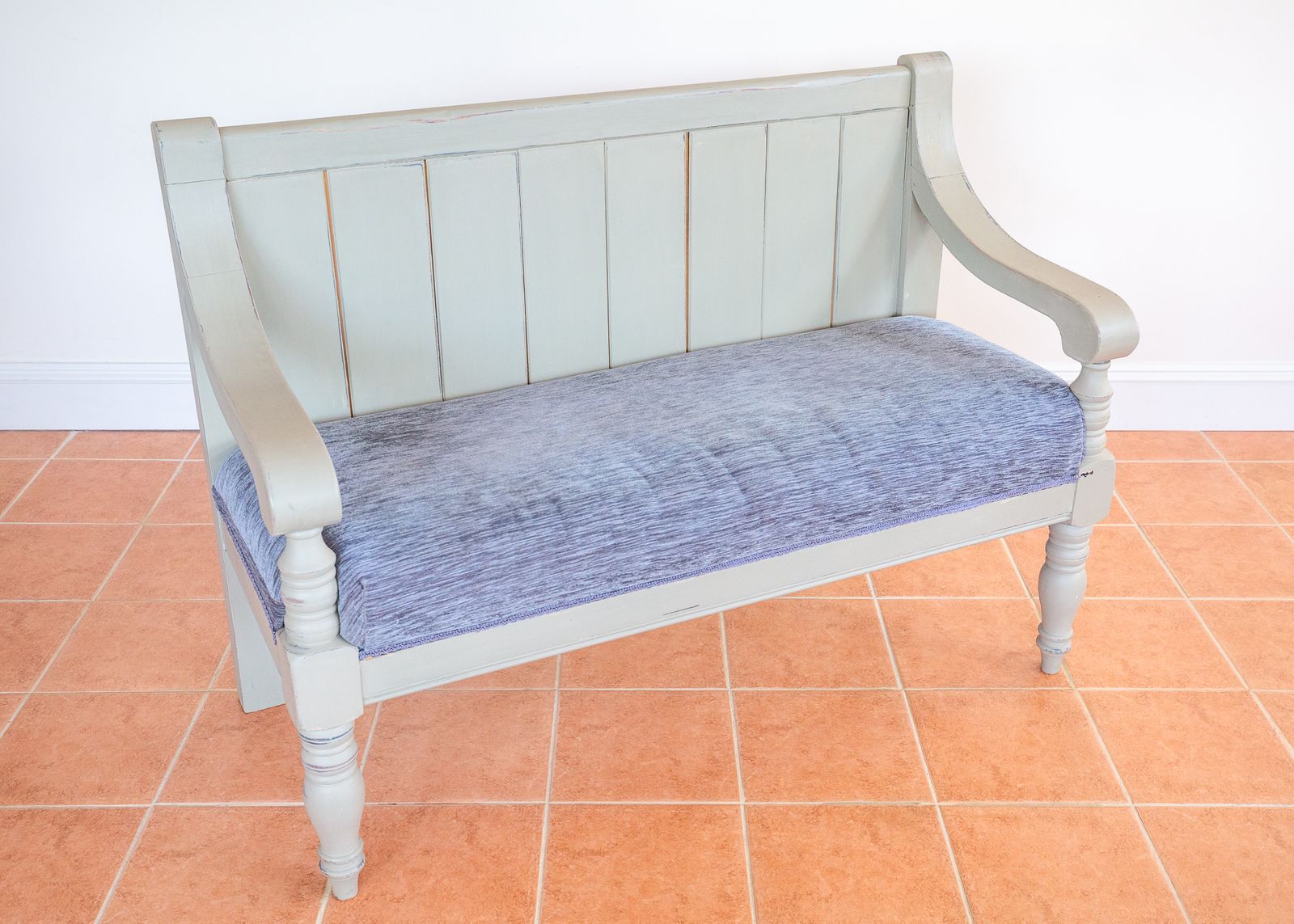 Painted Chapel Bench English Antique Upholstered Oak Late Victoria.N Grey Blue Large Church Settle Pew Upholstered Shabb.Y Chi.C Chalk Paint photo 2550.0